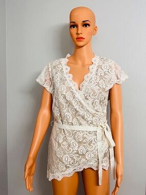 Janet Chung Ivory Lace Wrap Blouse with Tie Waist size XL